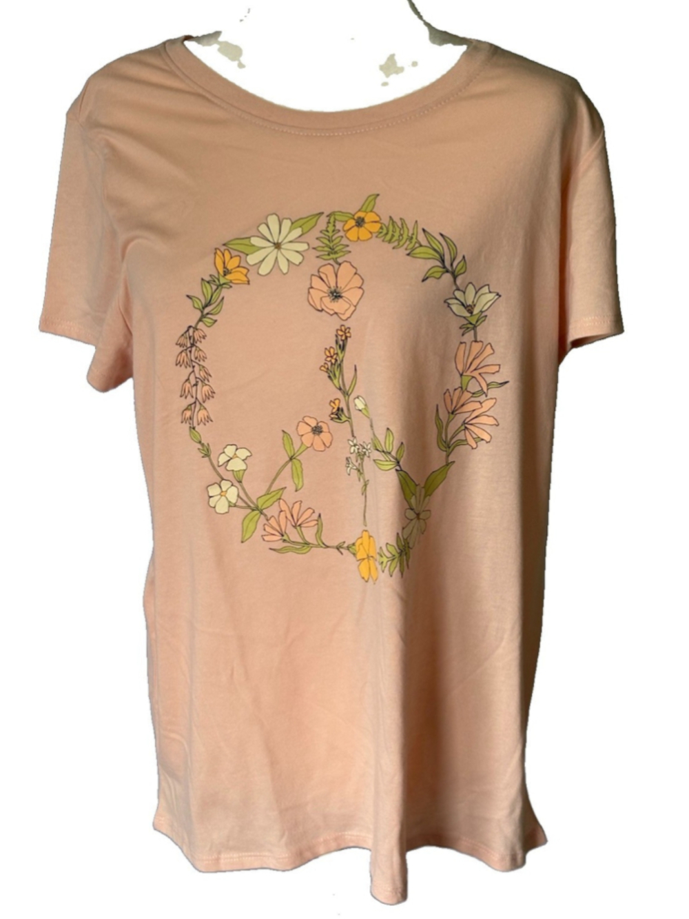 Womens L Peach Floral Peace Sign Graphic Tee Shirt Boho Hippie Retro Big Lots